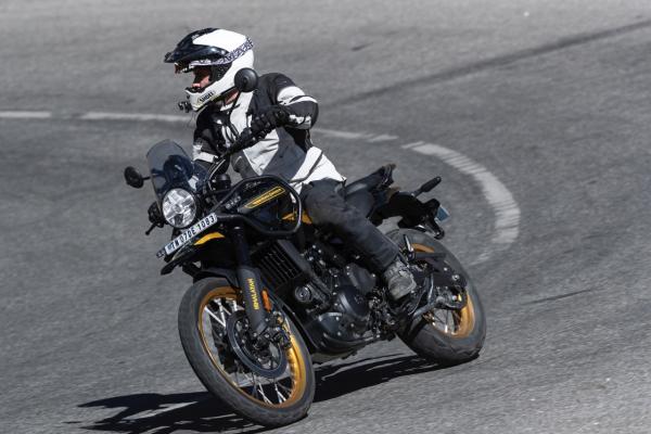 A Royal Enfield motorcycle heading into a hairpin bend