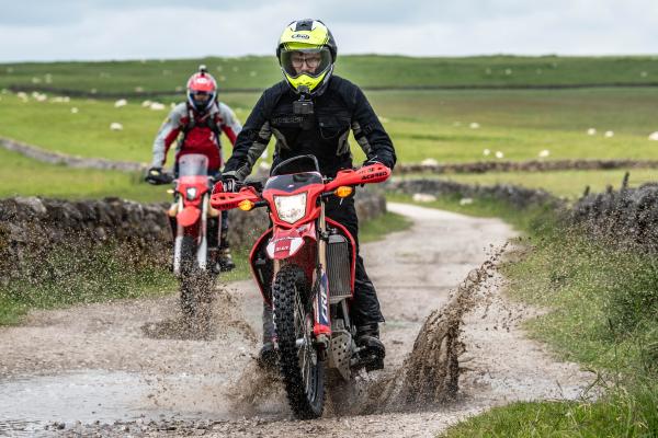 Two trail bikes on a green lane